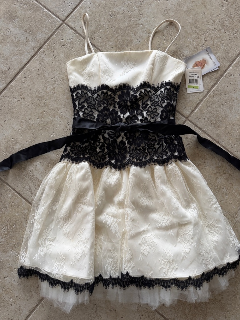 Jessica McClintock Ivory Dress with Black Lace Bodice and Ribbon - NWT